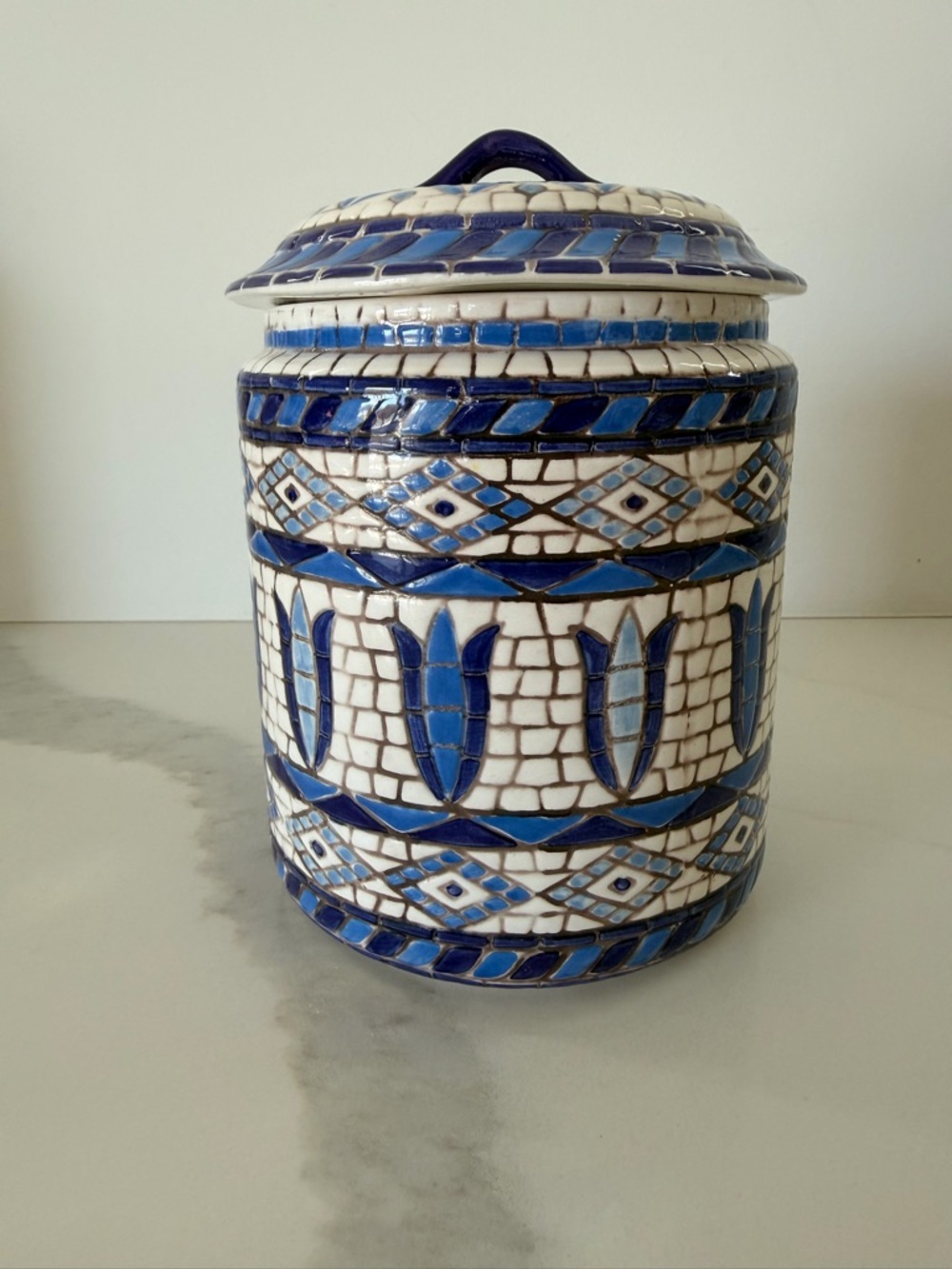Vintage Zrike Company mosaic ceramic cookie jar with lid